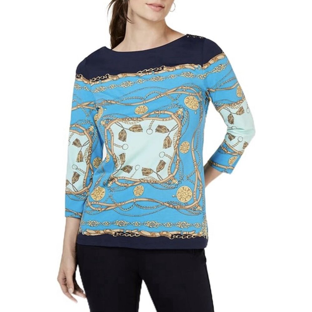 Charter Club Women’s Top Size 2XL Boat Neck Top 3/4 Sleeve Blue Stretch